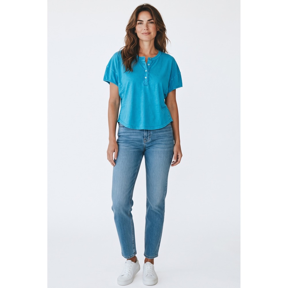 Easel Los Angeles Women Blue Mineral Wash Cotton Henley Top Small